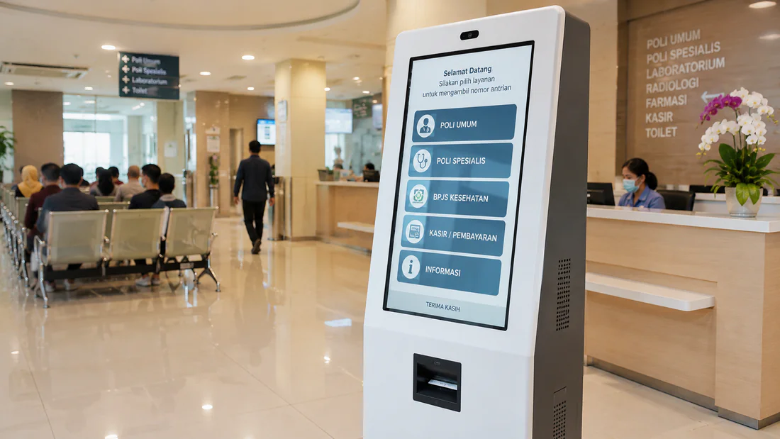 Kiosk cetak nomor antrian mandiri BCOMPBIZ di lobi fasilitas kesehatan