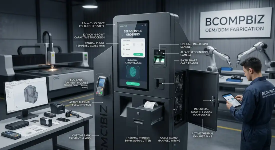 Pabrikasi Mesin Kiosk Custom Industrial: Dari Desain 3D Menjadi Baja SPCC Tahan Banting