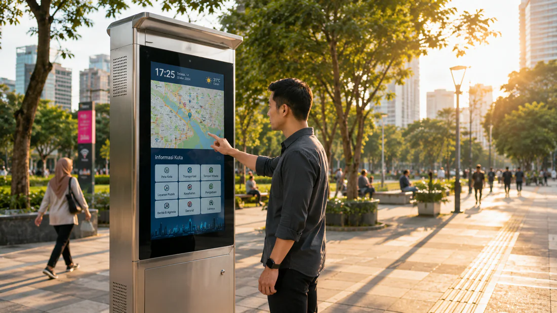 Kiosk informasi publik outdoor BCOMPBIZ untuk wayfinding dan transportasi