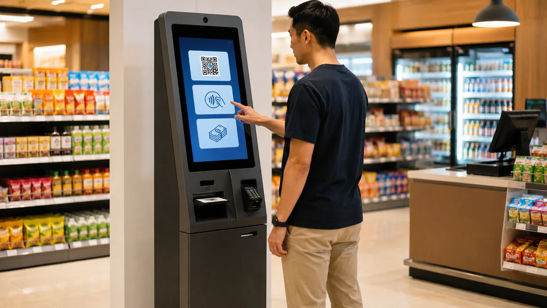 Kiosk layanan mandiri BCOMPBIZ di lantai penjualan ritel